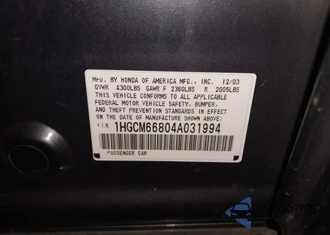 2004 Honda Accord 3.0 Ex z USA, uszkodzony, nr VIN 1HGCM66804A031994